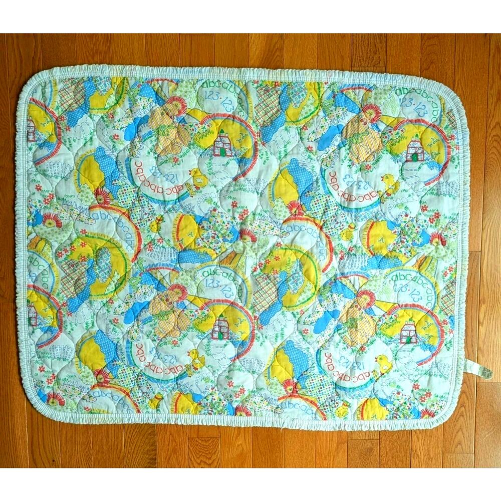 Vintage 80s 90s Sears Roebuck Baby Blanket ABC 123 Puppy Striped Floral Quilted